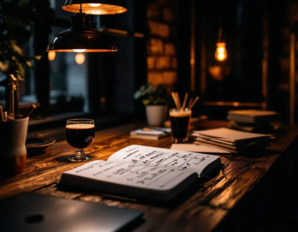 A desk at dusk with a hand-drawn launch timeline in a notebook, a glass of amber stout and kraft envelopes under a brass lantern
